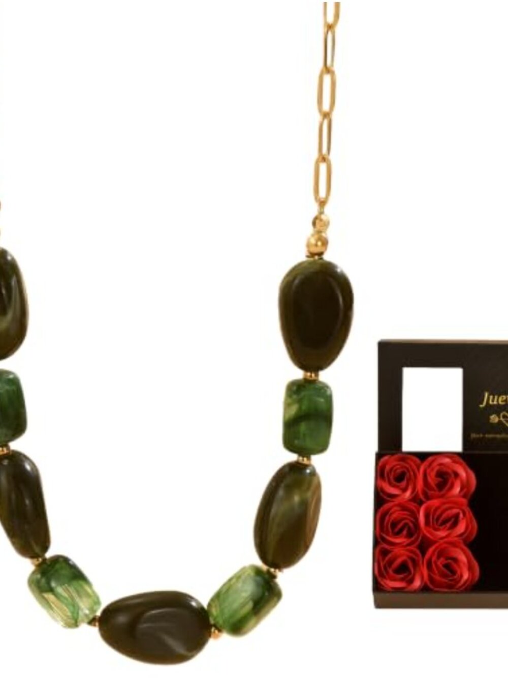Chunky Resin Beaded Necklace 18K Gold Plated Paperclip Chain Adjustable